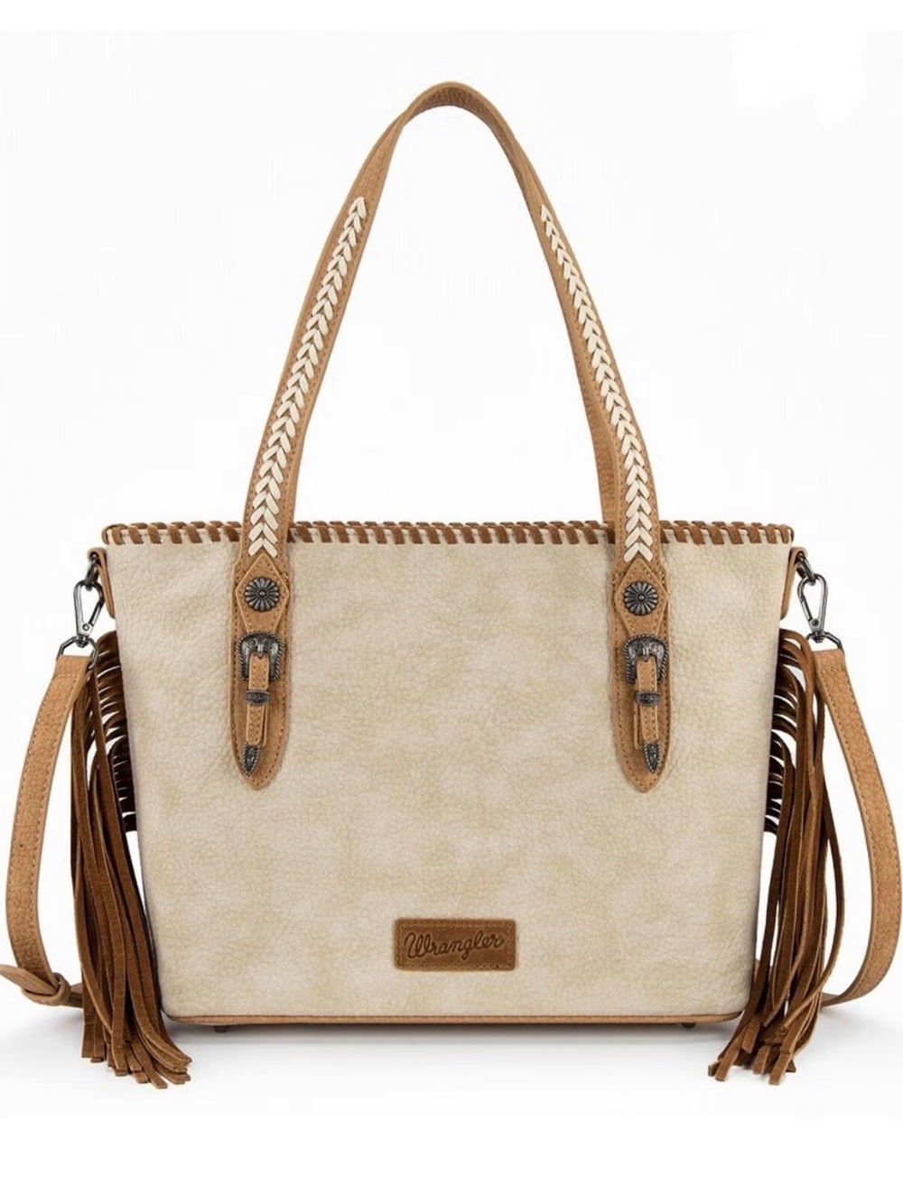 Wrangler Tan & Brown Faux Leather Braided Stitching Concho Zippered Top Tote Bag